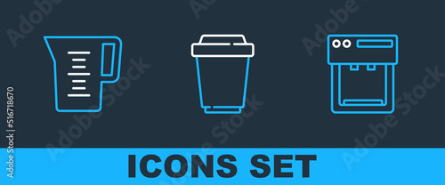 Set line Coffee machine, Jug glass with water and cup to go icon. Vector
