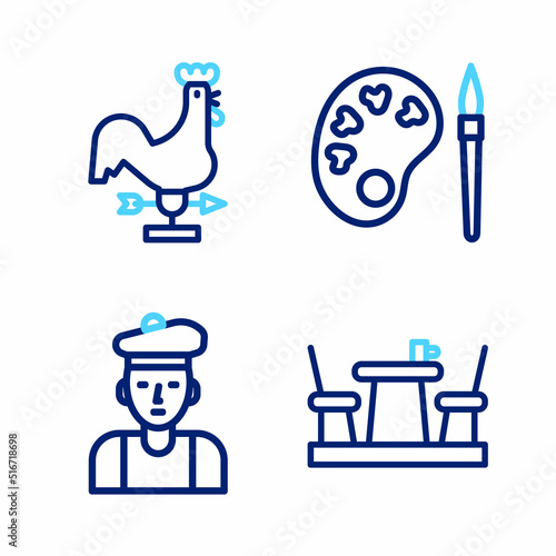 Set line French cafe, man, Paint brush with palette and Rooster weather vane icon. Vector