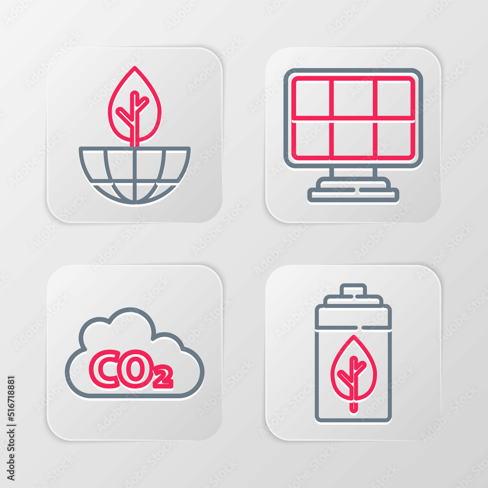 Set line Eco nature leaf and battery, CO2 emissions in cloud, Solar energy panel and Earth globe plant icon. Vector Set line Eco nature leaf and battery, CO2 emissions in cloud, Solar energy panel and Earth globe plant icon. Vector