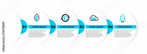 Set line Christmas tree, CO2 emissions in cloud, Recycle clean aqua and Tree icon. Vector