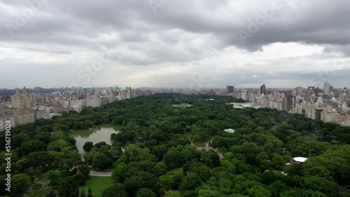 Aerial view over the Central Park, dark, overcast, summer day in New York, USA