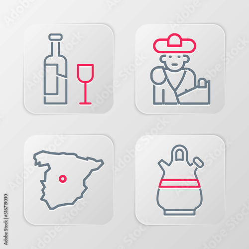 Set line Sangria pitcher, Map of Spain, Bullfight, matador and Wine bottle with glass icon. Vector