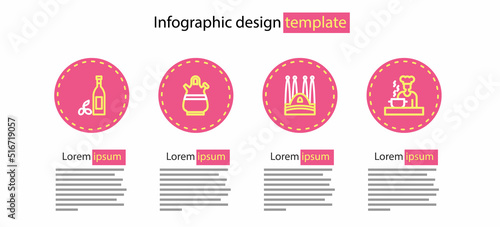 Set line Sagrada Familia, Spanish cook, Sangria pitcher and Bottle of olive oil icon. Vector