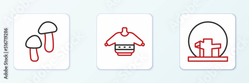 Set line Montreal Biosphere, Mushroom and Christmas sweater icon. Vector