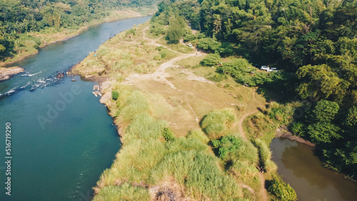 Aerial view of a tourist camp in a picturesque location near the river photo