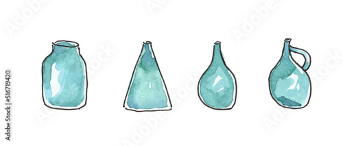 Set of glass pot, jar hand drawn. Watercolor set of abstract doodle glass bottles. The elements are isolated.