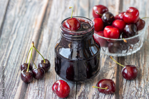 Fotografie Jars with fresh homemade cherry jam