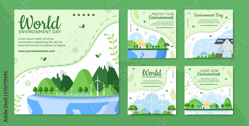 World Environment Day Social Media Post Template Flat Cartoon Background Vector Illustration