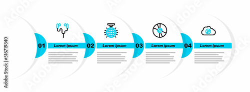 Set line Music streaming service, CD or DVD disk, Disco ball and Air headphones icon. Vector