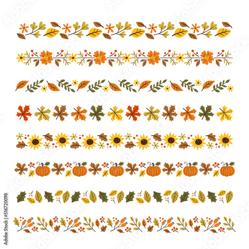 Autumn floral decorative border collection. Seamless borders with fall leaves, seasonal flowers and pumpkins. Isolated elements. Vector illustration.
