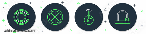 Set line Bicycle wheel, Unicycle or one bicycle, ball bearing and lock icon. Vector