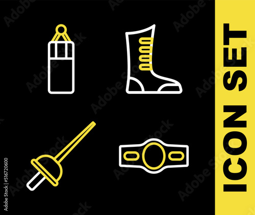 Set line Sport boxing shoes, Boxing belt, Fencing and Punching bag icon. Vector