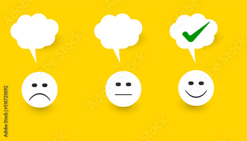 Happy smiley on speech bubble.
Good feedback rating,Positive customer review, experience, satisfaction survey idea concept.