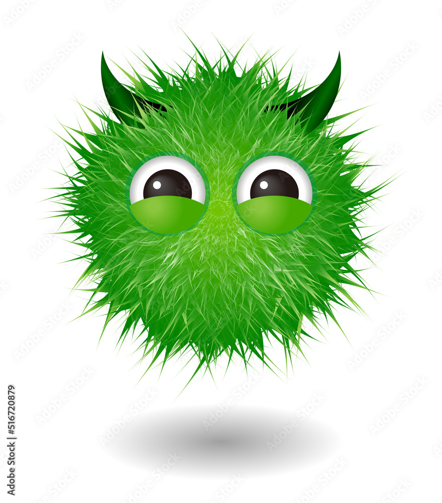 Hairy monster with green fluffy hair. Vector cute furry ball character.