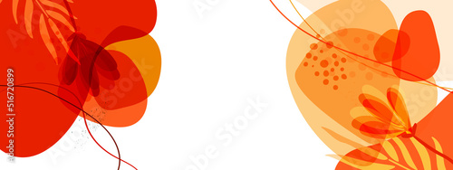 Abstract frame for placing text. Spots, lines and sun flares in orange tones and blend modes on a white horizontal rectangular background.