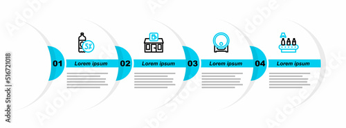 Set line Conveyor band, beer, Wooden barrel rack, Store building of shop and Beer bottle icon. Vector
