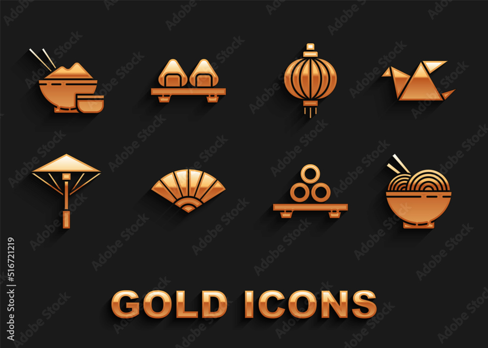 Set Paper chinese or japanese folding fan, Origami bird, Asian noodles bowl and chopsticks, Sushi on cutting board, Japanese umbrella from the sun, paper lantern, Rice with and icon. Vector