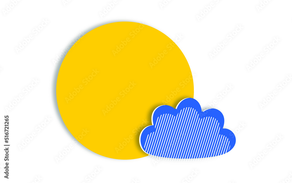 Big yellow sun with small blue cloud in paper cut style. Modern clear weather forecast design. Horizontal white poster. vector Big yellow sun with small blue cloud in paper cut style. Modern clear weather forecast design. Horizontal white poster. vector