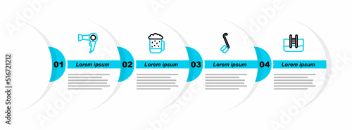 Set line Swimming pool with ladder, Sauna ladle, Wooden beer mug and Hair dryer icon. Vector