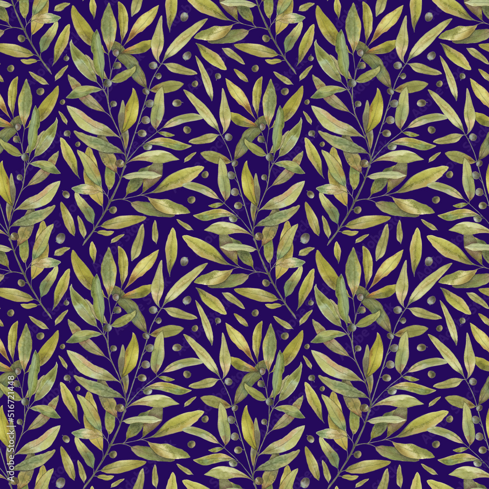 Seamless pattern with olive branch on a dark blue backdrop, hand drawn in watercolor. Elegant background for cosmetics, fabric, soap packaging, oil packaging, wrapping paper. Seamless pattern with olive branch on a dark blue backdrop, hand drawn in watercolor. Elegant background for cosmetics, fabric, soap packaging, oil packaging, wrapping paper.