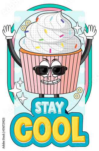 Cupcake cartoon character with stay cool badge