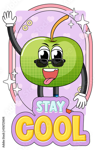 Apple cartoon character with stay cool badge