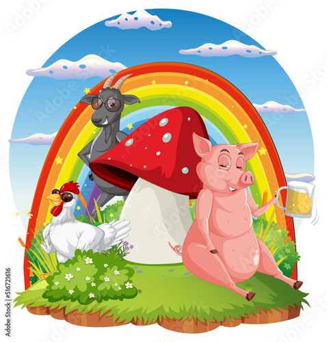 Cute animal cartoon character in ourdoor scene isolated island