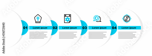 Set line Yin Yang, Star and crescent, Jewish calendar and Pope hat icon. Vector
