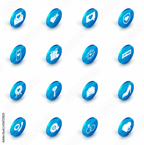 Set Amour with heart and arrow, Like, Heart shield, Mobile phone, in the center of darts target aim, Gift box, Speech bubble I love you and icon. Vector