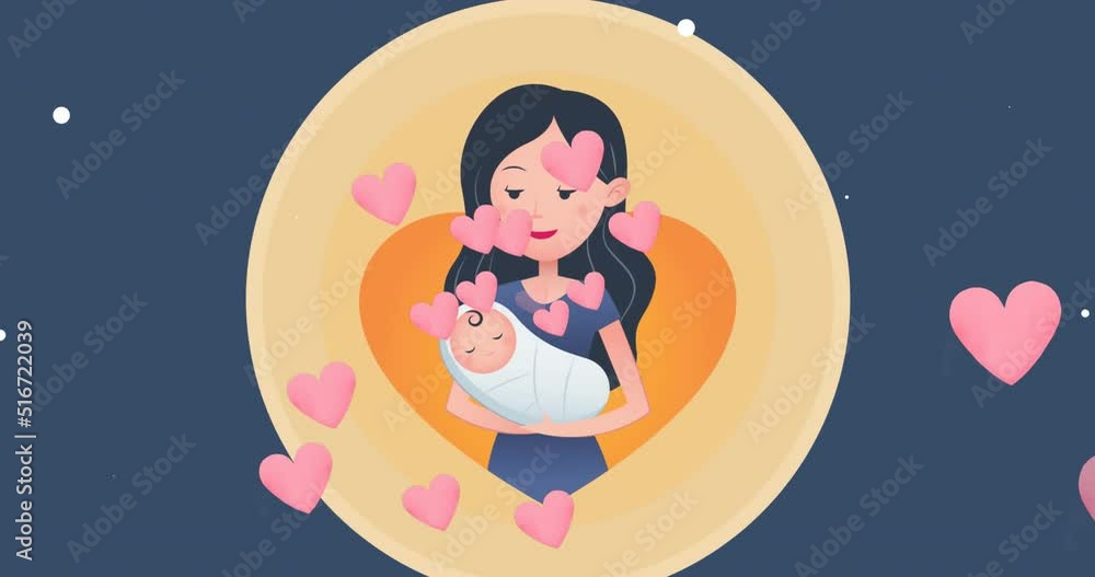 Animation of caucasian mother with baby over navy background with hearts Animation of caucasian mother with baby over navy background with hearts