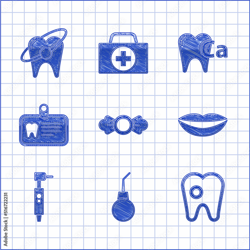 Set Candy, Enema pear, Tooth with caries, Smiling lips, drill, Id card ...