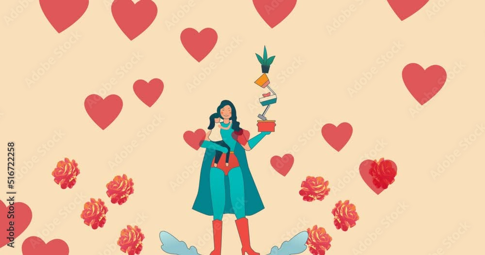 Animation of mother and daughter in superhero costumes over yellow background with hearts Animation of mother and daughter in superhero costumes over yellow background with hearts