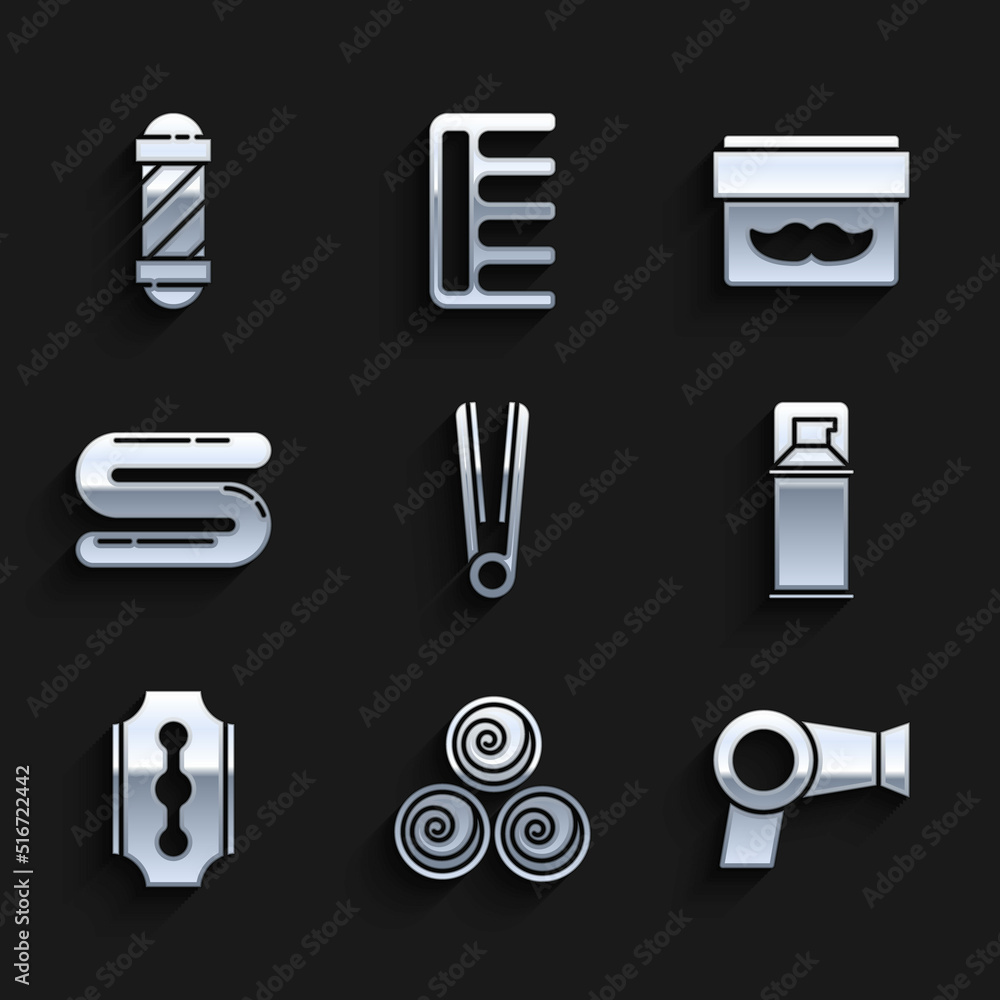 Set Curling iron for hair, Towel rolls, Hair dryer, Shaving gel foam, Blade razor, Cream lotion cosmetic jar and Classic Barber shop pole icon. Vector Set Curling iron for hair, Towel rolls, Hair dryer, Shaving gel foam, Blade razor, Cream lotion cosmetic jar and Classic Barber shop pole icon. Vector