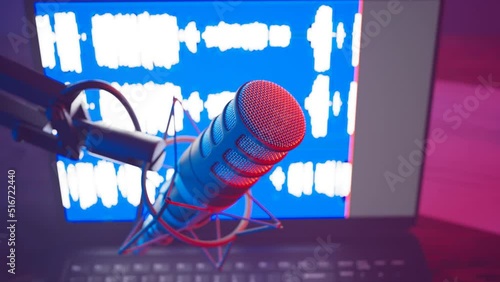 Colourful vocal microphone during podcast animation. DAW sound waves on a screen photo