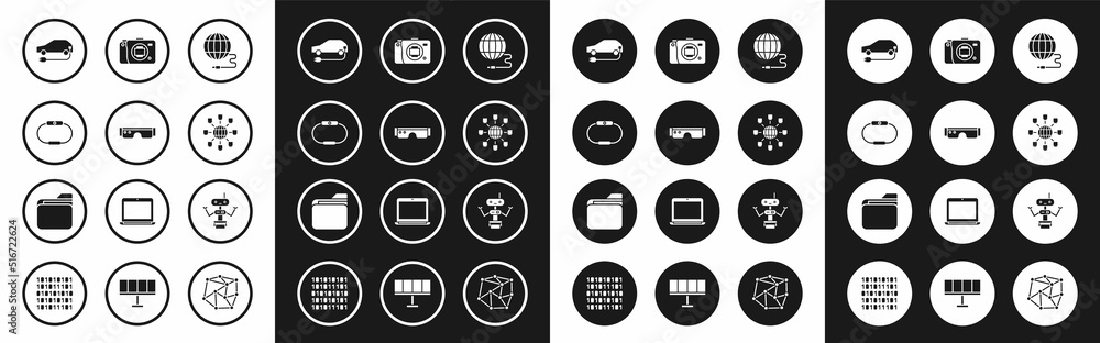 Set Social network, Smart glasses, Smartwatch, Electric car, Mirrorless camera, Robot and Document folder icon. Vector Set Social network, Smart glasses, Smartwatch, Electric car, Mirrorless camera, Robot and Document folder icon. Vector