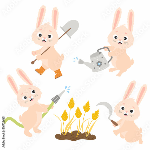 Set funny rabbits. Cute characters farmers - bunny waters from garden watering can and from hose, harvests grain spikelets with sickle and goes with shovel. Vector illustration. Isolated elements