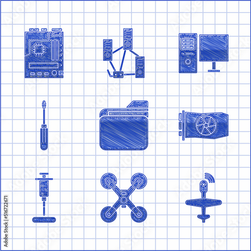 Set Document folder, Drone flying, UAV, Video graphic card, Syringe, Screwdriver, Computer monitor and Motherboard icon. Vector