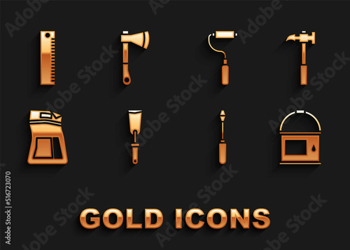 Set Putty knife, Claw hammer, Paint bucket, Screwdriver, Cement bag, roller brush, Ruler and Wooden axe icon. Vector photo