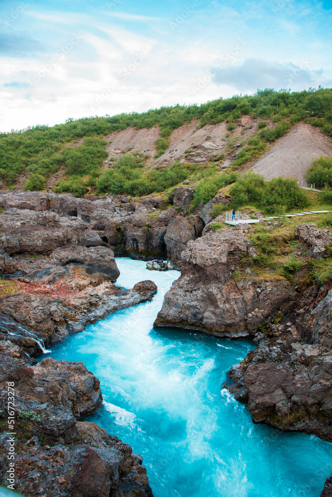 Beautiful mystical landscape with river in canyon Kolugljufur  between the rocks in Iceland. Exotic countries. Amazing places.