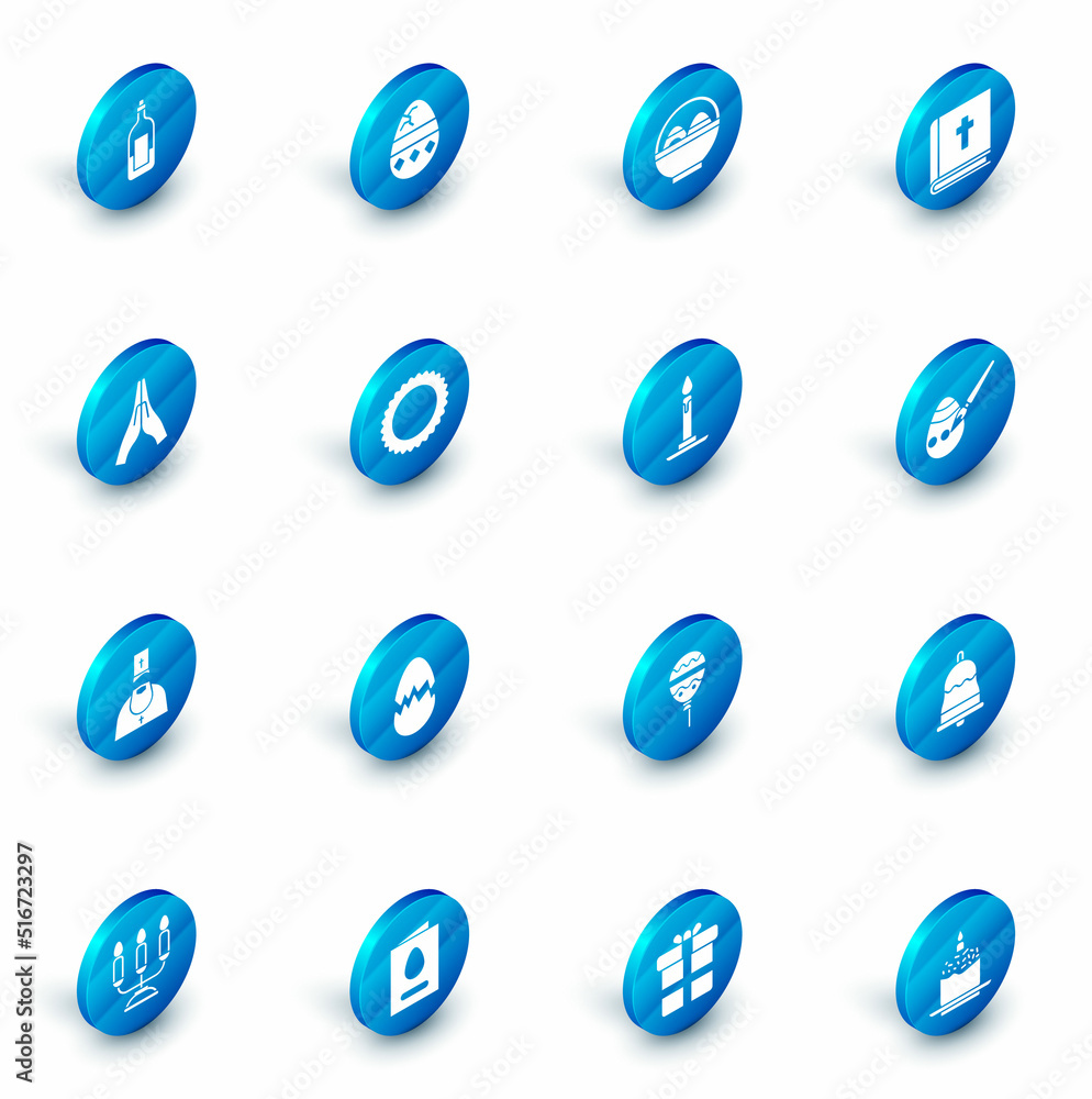 Set Cracked egg, Basket with easter eggs, Holy bible book, Hands in praying position, Priest, Sun, Easter paint brush and Burning candle candlestick icon. Vector Set Cracked egg, Basket with easter eggs, Holy bible book, Hands in praying position, Priest, Sun, Easter paint brush and Burning candle candlestick icon. Vector