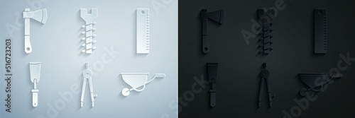 Set Drawing compass, Ruler, Putty knife, Wheelbarrow, Metallic screw and Wooden axe icon. Vector