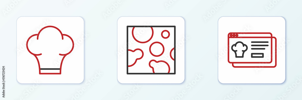 Set line Online ordering and delivery, Chef hat and Cheese icon. Vector Set line Online ordering and delivery, Chef hat and Cheese icon. Vector