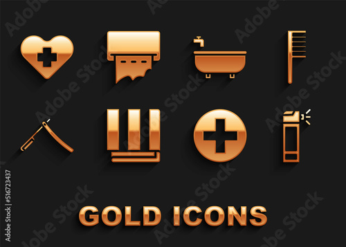 Set Towel stack, Hairbrush, Bottle with nozzle spray, Cross hospital medical, Straight razor, Bathtub, Heart cross and Paper towel dispenser on wall icon. Vector