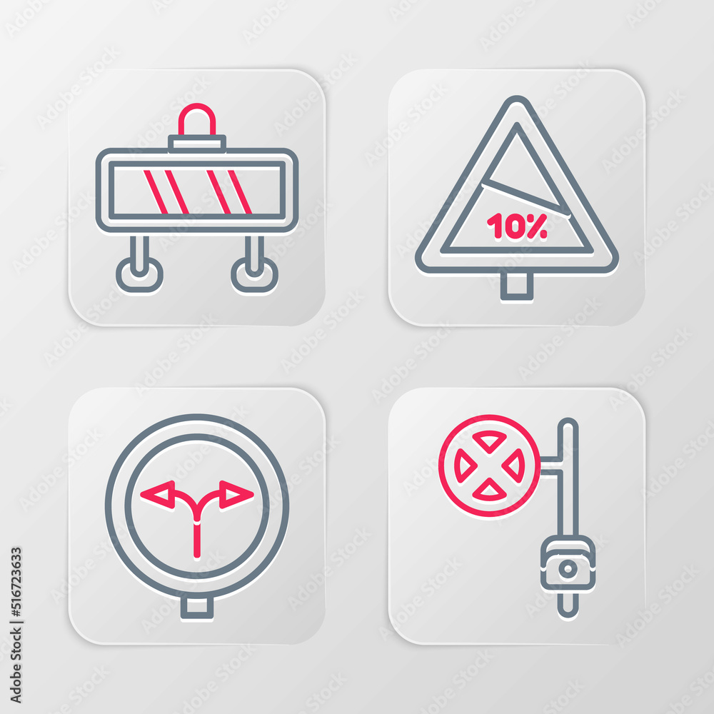 Set line Stop sign with camera, Fork in the road, Steep ascent and descent and Road barrier icon. Vector Set line Stop sign with camera, Fork in the road, Steep ascent and descent and Road barrier icon. Vector