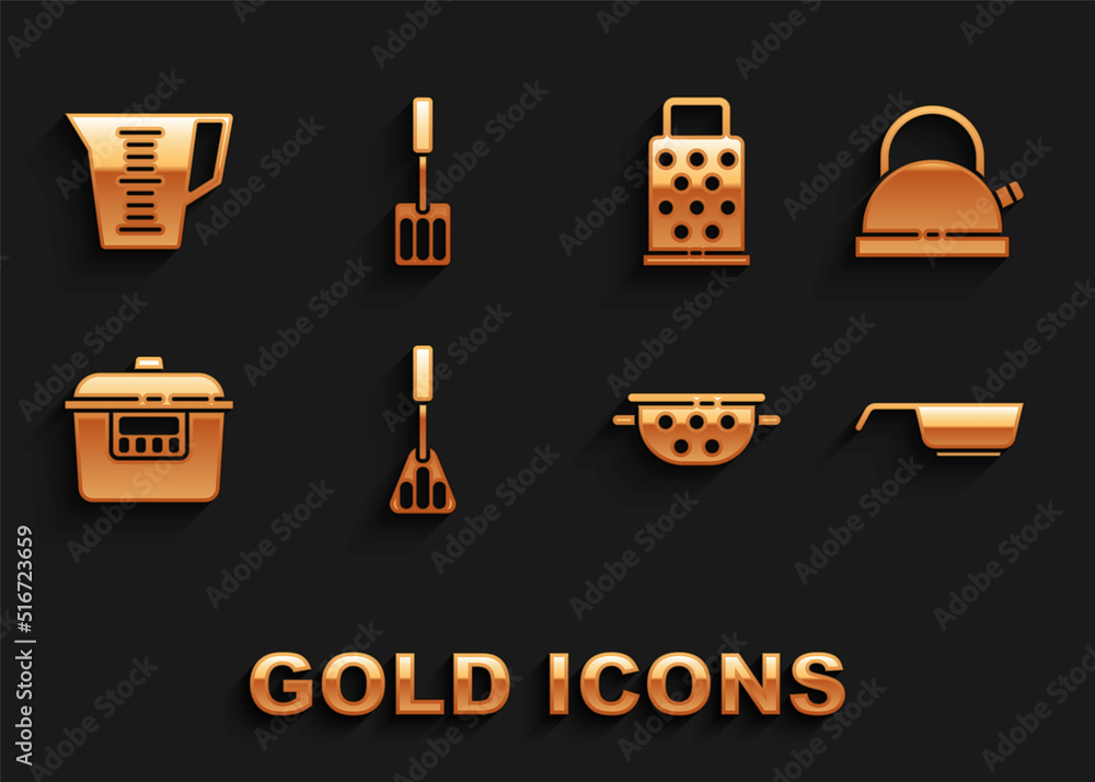 Set Spatula, Kettle with handle, Frying pan, Kitchen colander, Slow cooker, Grater, Measuring cup and icon. Vector Set Spatula, Kettle with handle, Frying pan, Kitchen colander, Slow cooker, Grater, Measuring cup and icon. Vector