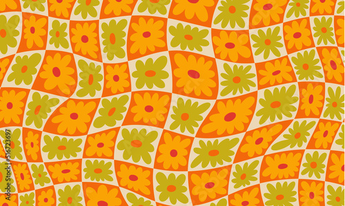 Hippie funky vibe style. Vintage 1960-1970. Hippy flower retro dice chess background. Symbol retro print.