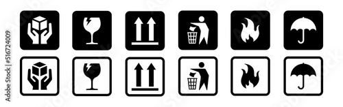 Fragile package icons set, handle with care logistics and delivery shipping labels, fragile box, cargo warning vector signs