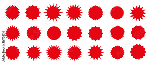 Set of vector red starburst, sunburst badges. Simple flat style vintage labels, stickers.