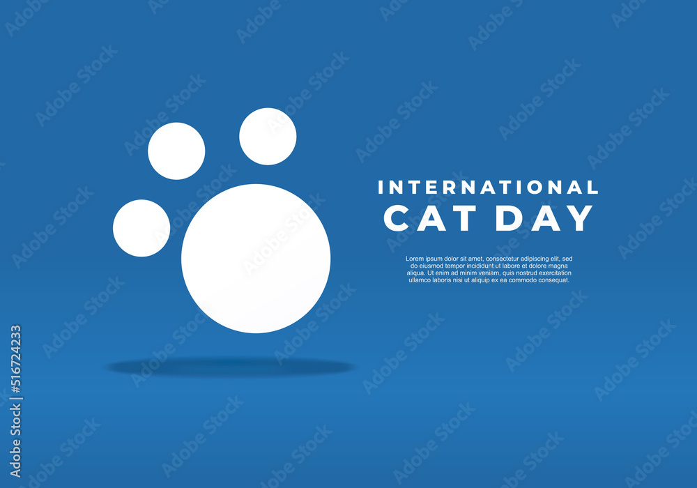Background for the international cat day on August 8. With big cat footprint Funny cartoon cat.. Happy animals Print to greeting card, poster on blue color.