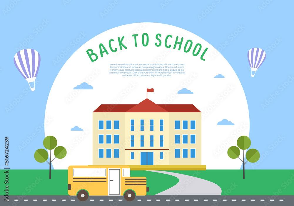 Back to school education background with school building, air balloon and school bus isolated on blue green color.